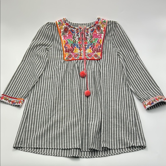 Velzera Tops - Velzera Embroidered Boho Tunic Gray Striped Pom Pom Blouse Lagenlook Top Small